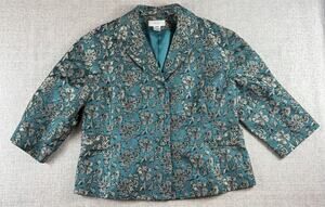 Nine West Woman Blazer 16W Teal Floral Jacquard 3/4 Sleeve Plus Size Jacket